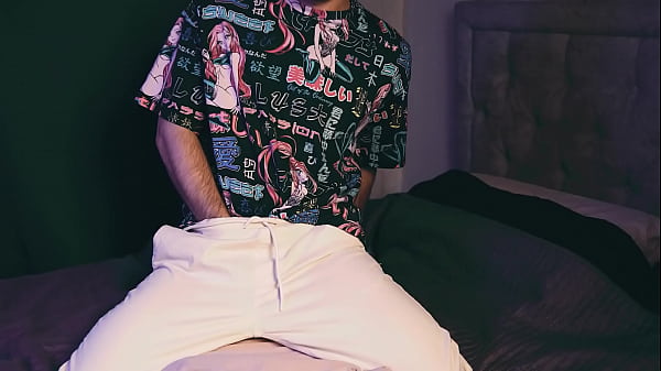 a young guy in an anime t-shirt masturbates loudly and smears his pillow with sperm. 4K VIDEO