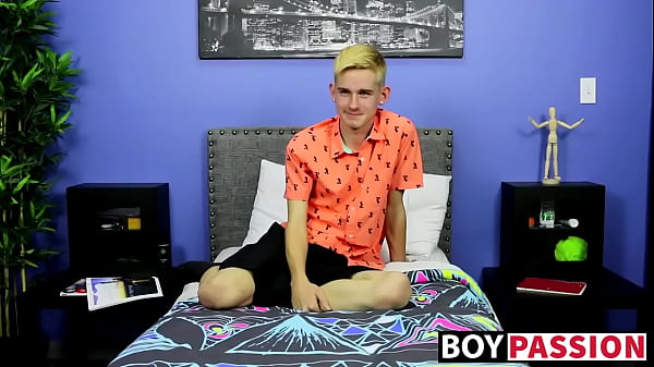 Skinny little twink with big fat dick tugs after interview
