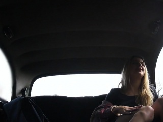 Lesbian blonde without panties in fake taxi
