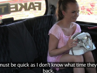 Brunette amateur fucking in fake taxi in public